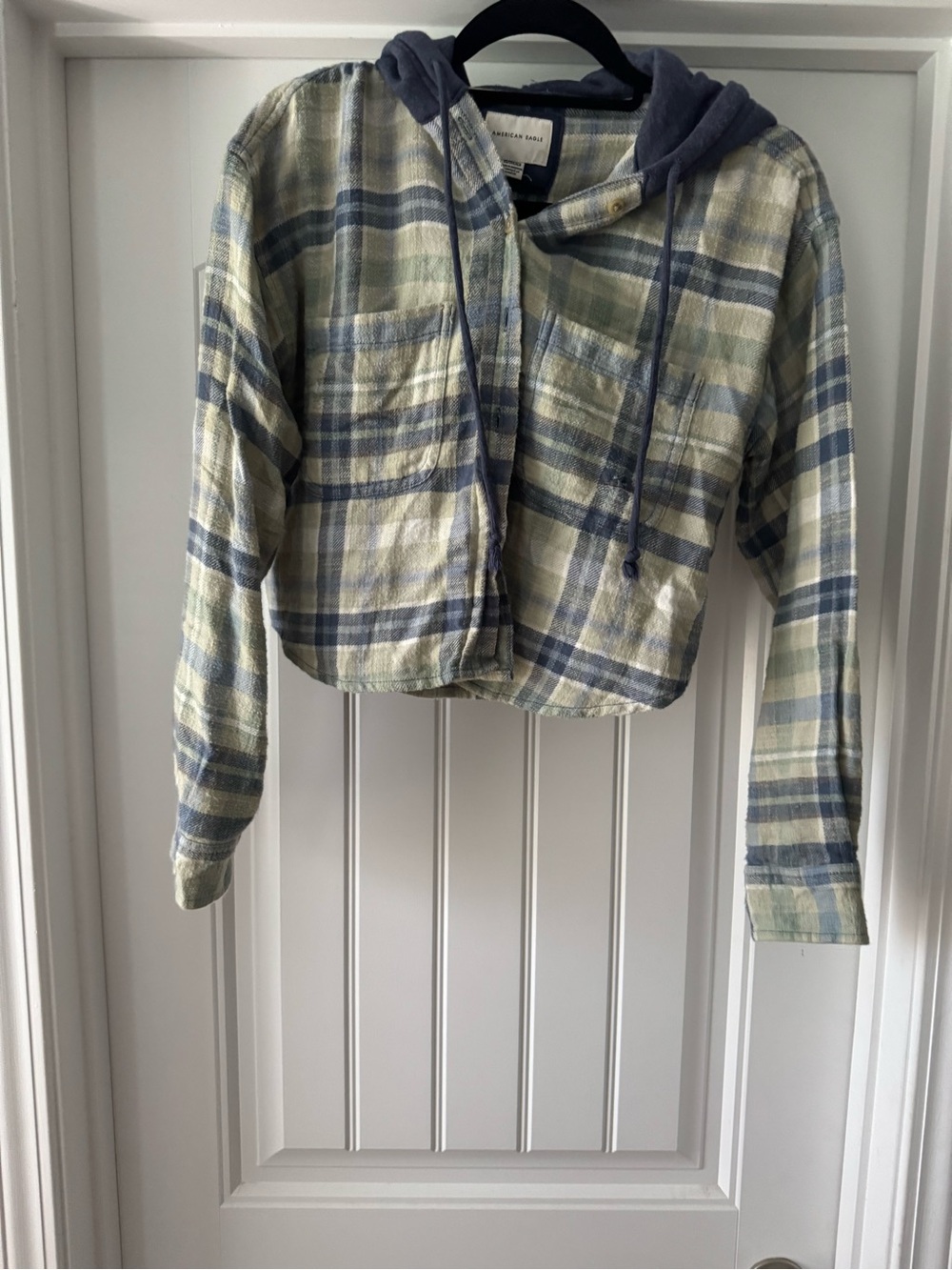 American Eagle Plaid Cropped Distressed Hoodie Jacket - Blue & Cream